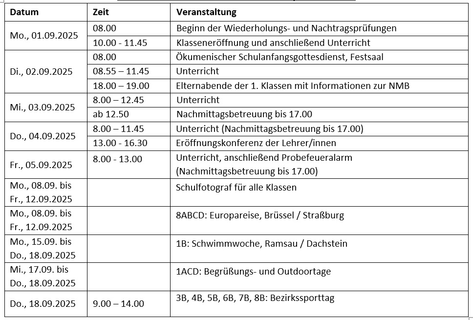 Termine erste Schulwoche