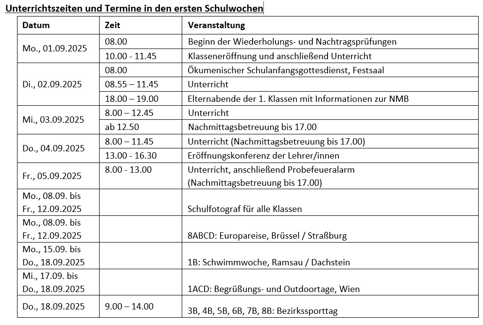 Termine Schulbeginn
