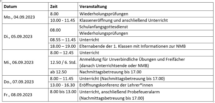 Termine in der ersten Schulwoche - September 2023