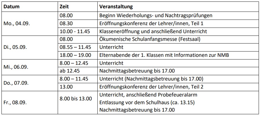 Termine - erste Schulwoche